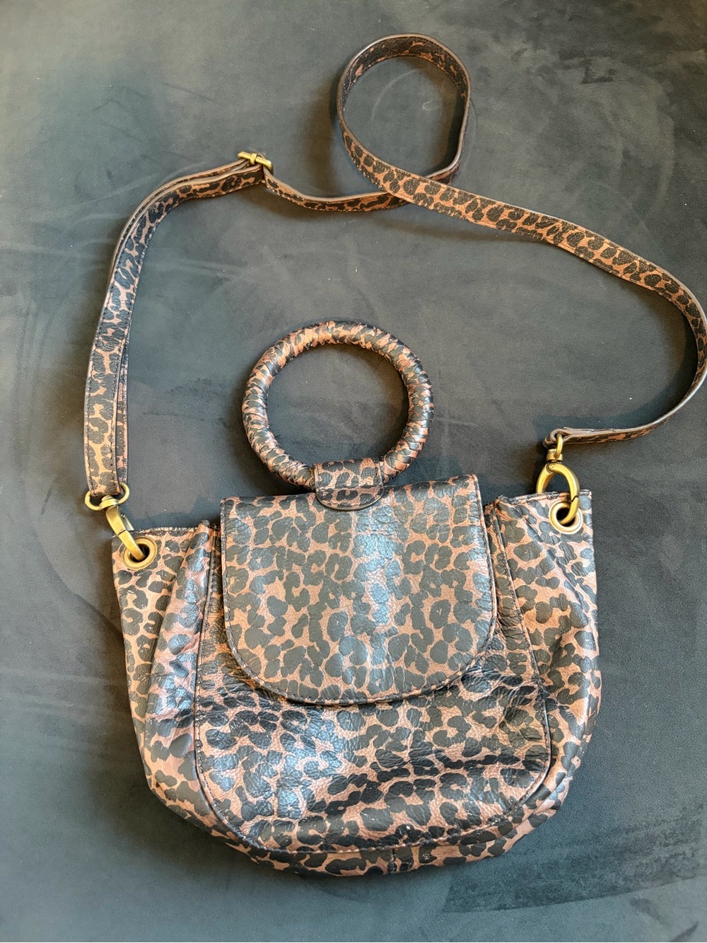 Frye Leopard-Print Brown and Black Leather Crossbody with Wrapped Ring Handle
